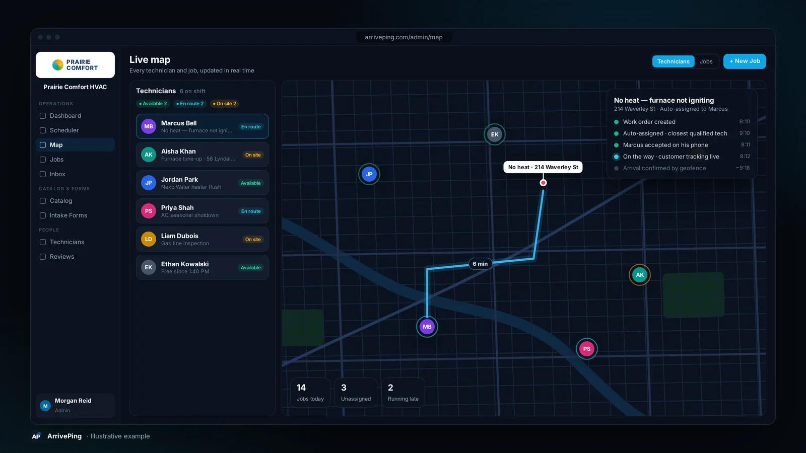 ArrivePing live map showing technicians en route to jobs