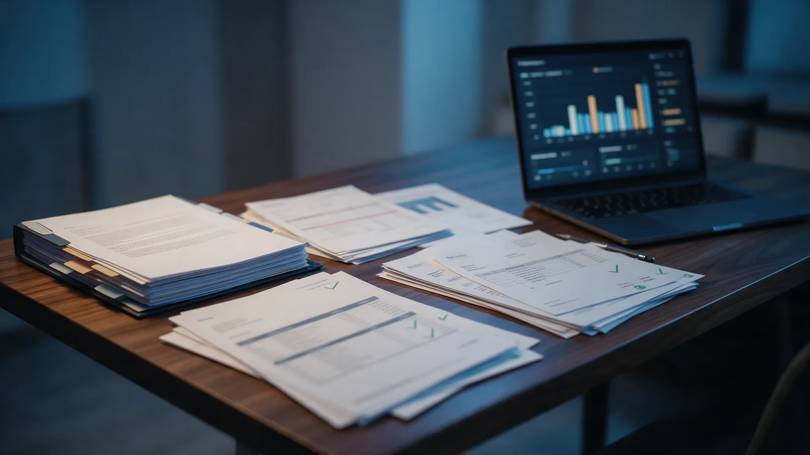 A finished month-end reporting package with tabbed dividers, verified statements and a laptop showing a reporting dashboard