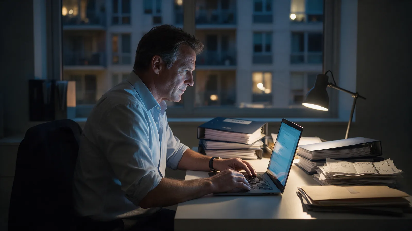 A property owner at his desk at night reviewing answers on a laptop beside stacks of lease binders and utility bills
