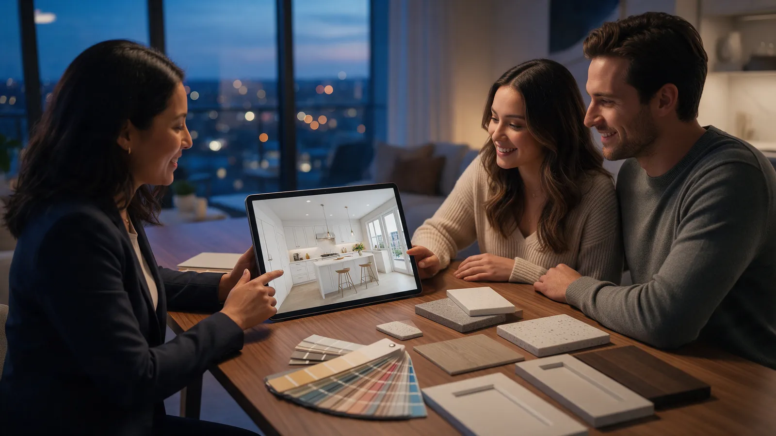 A sales representative and a couple reviewing kitchen selections on a tablet, with paint swatches and finish samples on the table