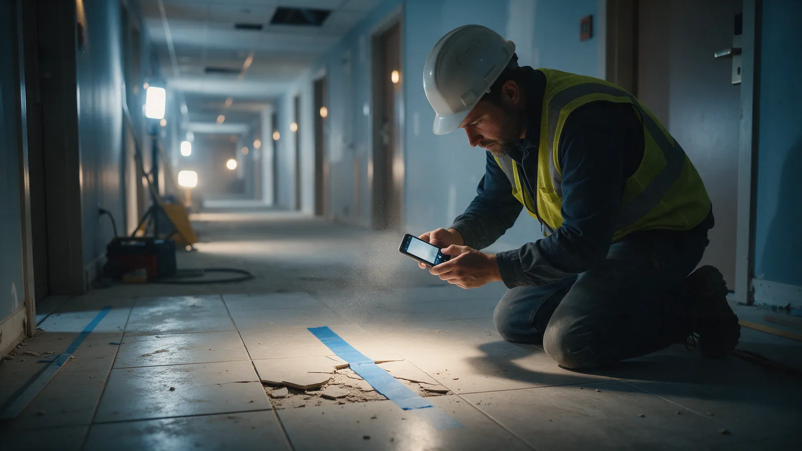 A flooring technician in a hotel corridor under construction photographing a deficiency with a smartphone