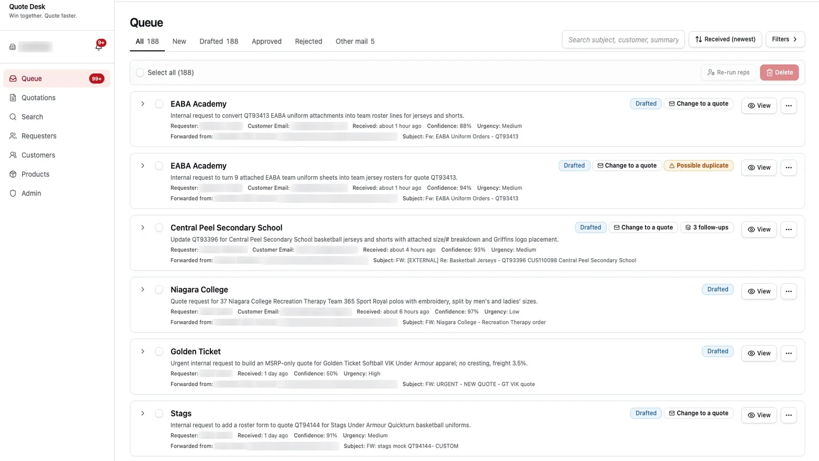 The intake queue: forwarded quote requests as drafted cards with requester, customer, confidence and urgency