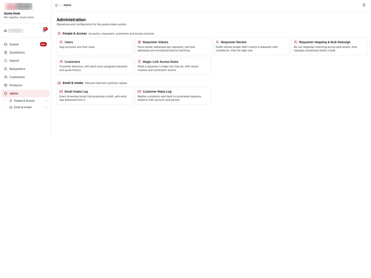 Admin screen with users, requester aliases, requester review, bulk reassignment, customers, magic-link rules, email intake log and customer reply log