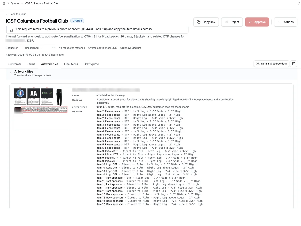An artwork file described by the AI, with the quote and customer it references and every item and placement that uses it