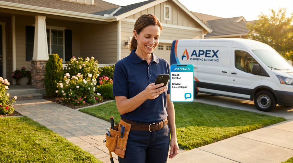 Woman holding her phone, wearing a blue-collared shirt, using the NVC 360 app to get her next plumbing and heating assignment.