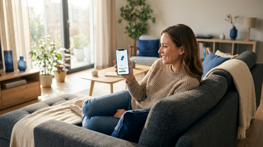 A woman sitting on her couch, holding an iPhone, with the NVC 360 tracking app open.