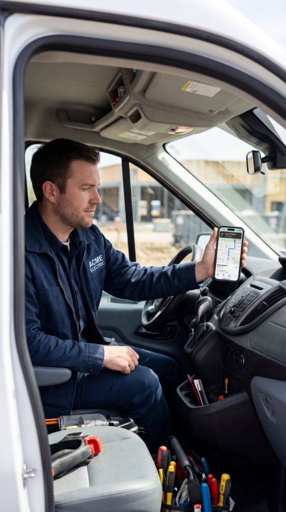 Plumber holding an iphone using NVC360 Saas App