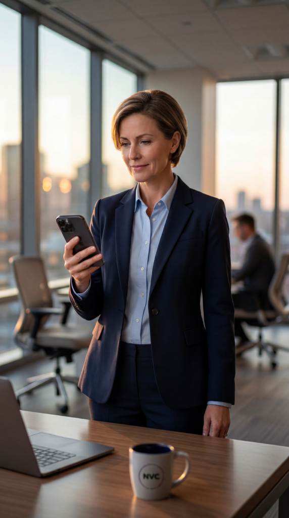 Woman in suit holding an iphone