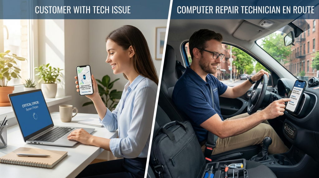 split screen of happy owner owner using NVC360 App
