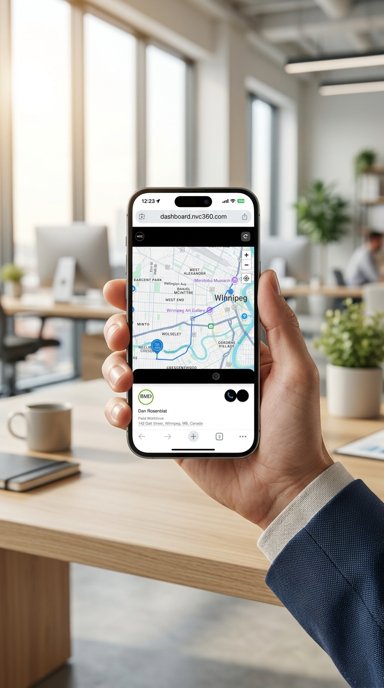 Man holding iPhone using the NVC 360 app in an office.