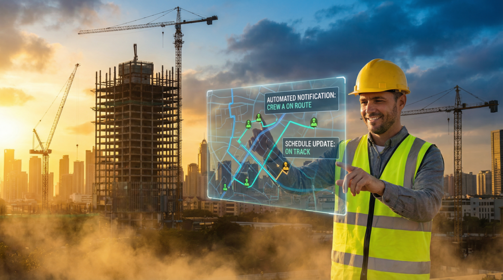 Construction worker looking at an image of live technicians, with tall buildings under construction and cranes in the background.