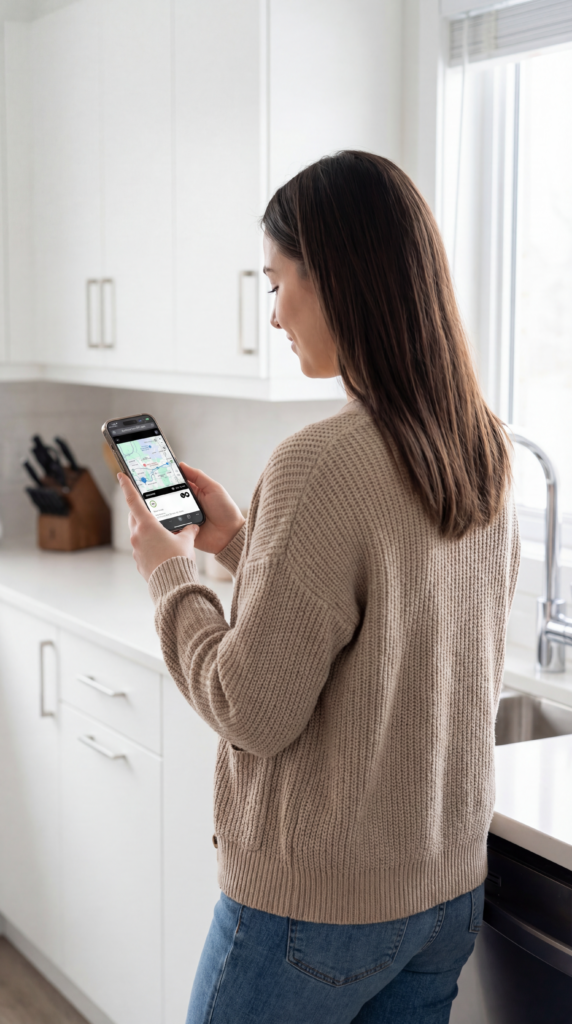 A young woman holds her iPhone, looking at the NVC 360 app, waiting for her technician to show up.