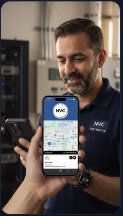 Technician in a blue shirt, holding an iPhone, using the NVC360 app